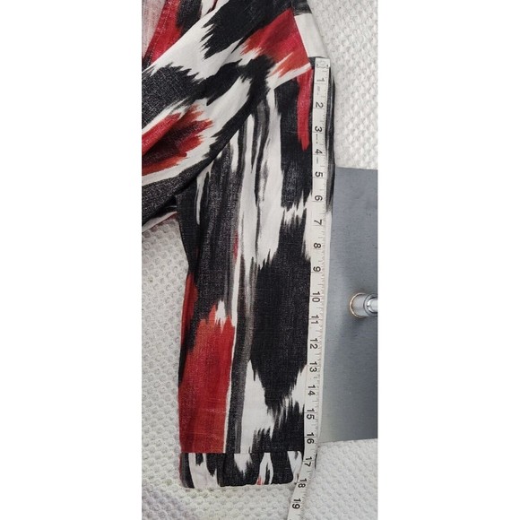 Chico's Red White Black Abstract Shimmer Open Front Linen Blend Jacket Sz 0 S - Picture 7 of 9